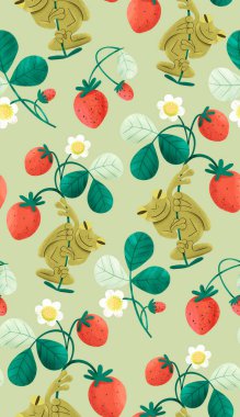 Seamless pattern with frog and strawberry. Funny wallpaper in the style of painting