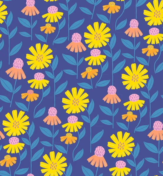 Motif Floral Sans Couture Avec Marguerites Jaunes Sur Fond Bleu — Image vectorielle