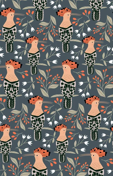 ホポエとレッドベリーのシームレスなパターン 鳥と美しい秋の壁紙 — ストックベクタ