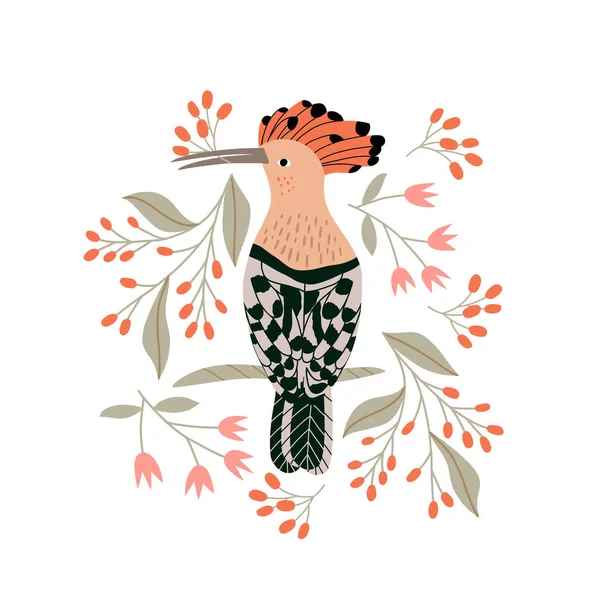 Векторная Иллюстрация Удодом Красными Ягодами Осенний Принт Птицей — стоковый вектор