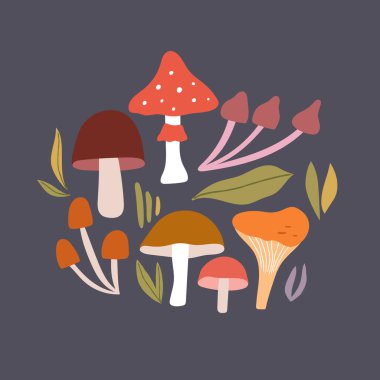 Sonbahar mantarlı vektör çizimi. Mantarlı güzel sonbahar baskısı.