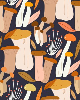 Koyu bir arka planda mantarlı kusursuz desen. Mantarlı sonbahar duvar kağıdı. Tekstil ve duvar kağıdı için renkli desen.