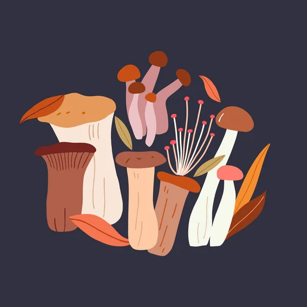 Ilustração Vetorial Com Cogumelos Fundo Escuro Impressão Outono Vetorial — Vetor de Stock
