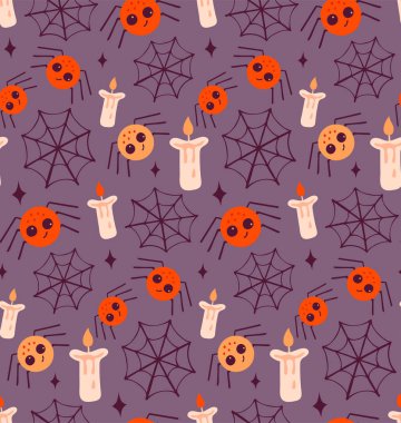 Örümcek ve örümcek ağıyla kusursuz sonbahar şablonu. Ürkütücü Cadılar Bayramı duvar kağıdı.