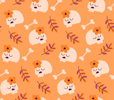 Kafatası ve çiçekli kusursuz sonbahar deseni. Tatlı Cadılar Bayramı Duvar Kağıdı