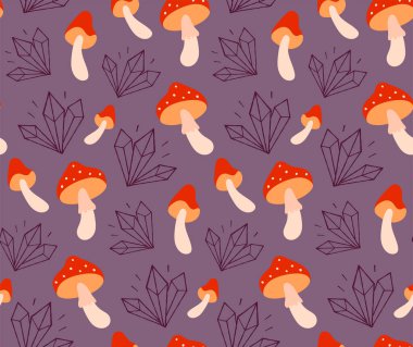 Mantarlı ve kristalli kusursuz sonbahar deseni. Cadılar Bayramı için neşeli duvar kağıtları.