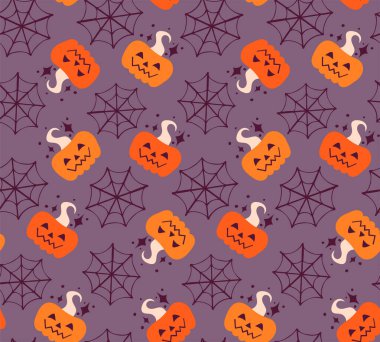 Balkabağı ve örümcek ağıyla kusursuz sonbahar deseni. Ürkütücü Cadılar Bayramı Duvar Kağıdı