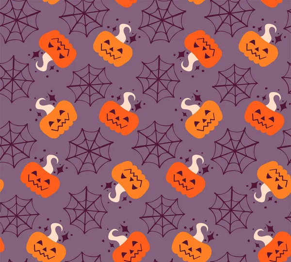 Seamless Autumn Pattern Pumpkin Spider Web Creepy Halloween Wallpaper — Stock Vector