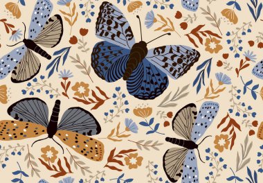 Kelebeklerle kusursuz desen. Sonbahar botanik duvar kağıdı. Kelebekli vektör arkaplanı