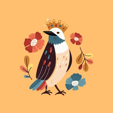 Sarı arka planda izole edilmiş kraliyet kuşunu gösteren bir vektör çizimi. Tekstil endüstrisinde baskı, tebrik kartları ve şenlik ruhuyla dolu diğer projeler için mükemmel..