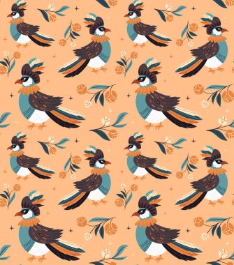 Karnaval kostümü giymiş bir kuşun klasik vektör deseni. Tekstil, ambalaj kağıdı ve tatil projeleri için ideal.