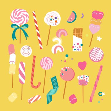 Lolipoplar ve renkli lokumlarla hassas renklerde güzel bir vektör seti..
