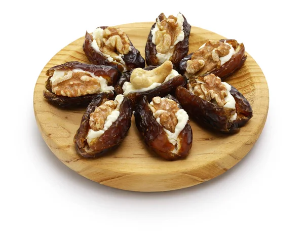 Stuffed Dates Cream Cheese Nuts Isolated White Background — Stock Photo, Image