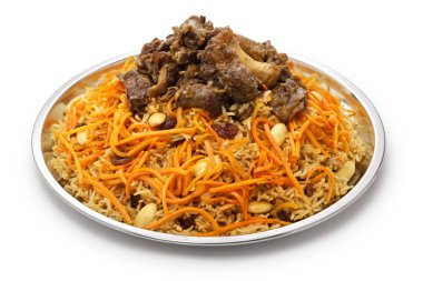 kabuli pulao (lüks pilav), beyaz zemin üzerinde izole Afgan ulusal yemeği