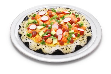 Ev yapımı suşi pizza, yaratıcı suşi Toronto, Kanada kökenli.