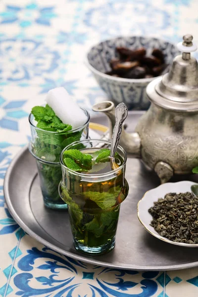 Traditional Moroccan Mint Sugar Tea Silver Teapot — Stock Photo, Image