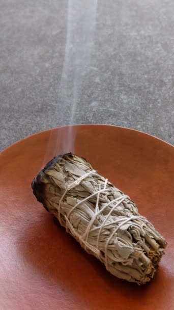 Lit White Sage Smudge Stick Dish Meditation Healing Spiritual Room Stock Video
