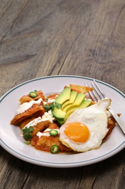 Salsa roja soslu chilaquiles, Meksika kahvaltısı.