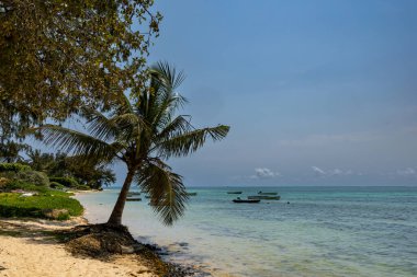 Güneşli bir günde mercan resifinin yanındaki kayalık plajda mavi gökyüzü ve açık bulutlu Kaptan Mauritius.