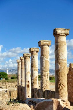 Columns and structures are part of the ancient romans ruins in Paphos Archaeological Park - Cyprus                               