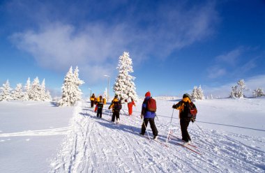Kros kayakçıları, kar fırtınalarının arka planına ve Norveç, Avrupa 'da açık mavi gökyüzüne karşı