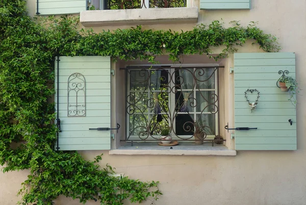 Вікно Зеленими Віконцями Віконною Керамічною Коробкою Квітами Франції — стокове фото