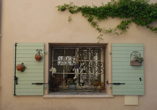 Fenêtre Avec Volets Verts Boîte Poterie Fenêtre Avec Fleurs France — Photo