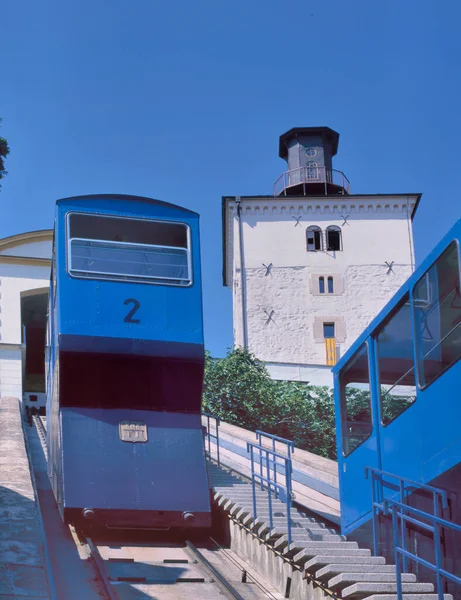 Wyciąg Zabytkowej Kolejki Linowej Zagrzebia Stolicy Chorwacji Droga Górnego Miasta — Zdjęcie stockowe