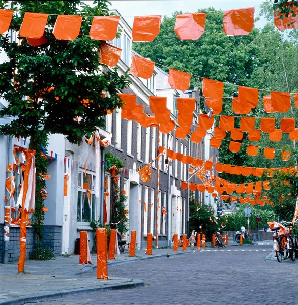 Gente Olanda Decorare Strade Arancione Quando Squadre Calcio Olandesi Gioca — Foto Stock