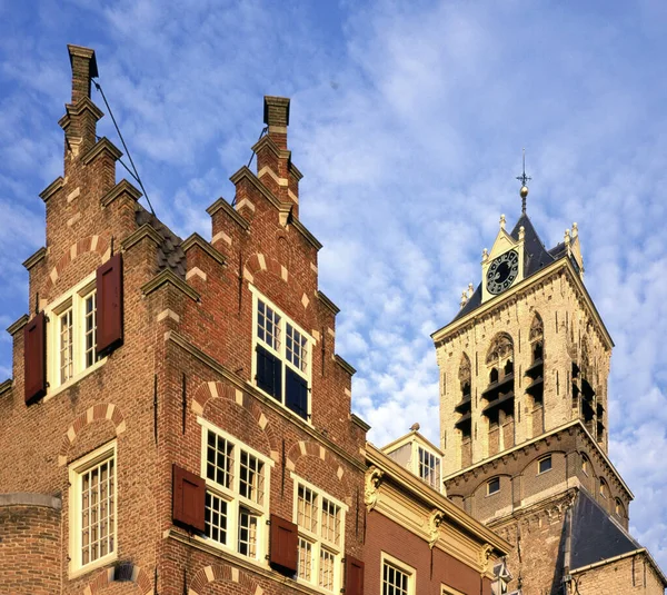 Stepped Gable Houses Background Old Bell Tower City Halll Delft — Stock Photo, Image