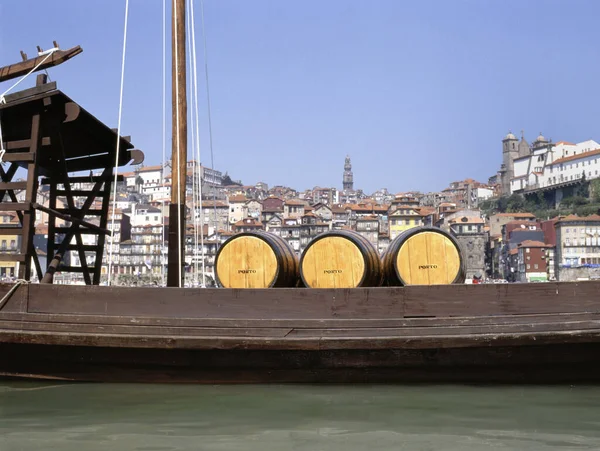Přístavní Víno Lodi Řece Douro Vila Nova Gaia Pozadí Porto — Stock fotografie