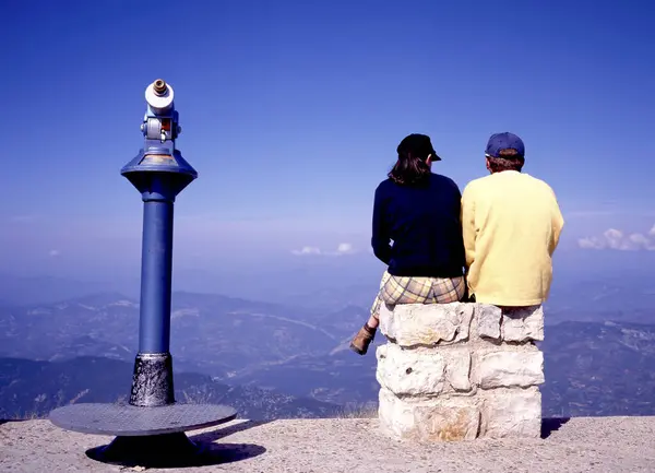 Mont Ventoux France August 2022 Young Couple Sitting Stone Next Royalty Free Stock Images