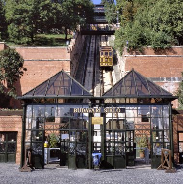 BUDAPEST, HUNGARY  OCTOBER 07 2016 People go by funicular to Buda Castle with the funicular railway in the city. clipart