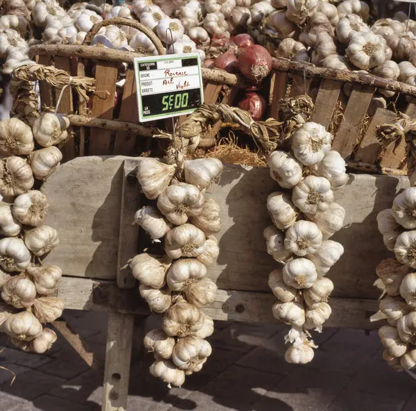 法国普罗旺斯一个农民市场上的紫色大蒜 免版税图库图片