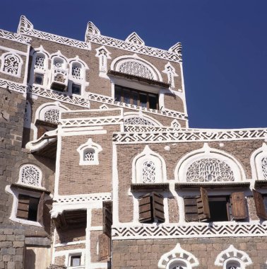 Yemen 'in başkentinde geleneksel çamur tuğlalı binalar, Sanaa, Sanaa Valiliği, Yemen