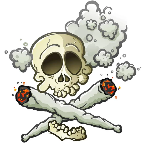 マリファナ共同頭蓋骨ジョリーロジャー漫画のキャラクタークロスボーンで作られました煙ベクトルイラストを渦巻く煙の煙の周りのもやでスプリッフ — ストックベクタ