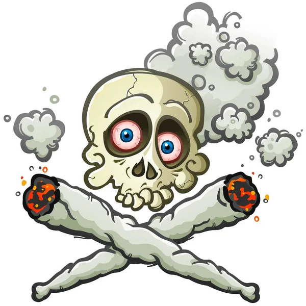 大麻关节骷髅快乐的罗杰卡通人物 交叉骨骼由钳子 血眼和周围滚滚浓烟的图像组成 — 图库矢量图片