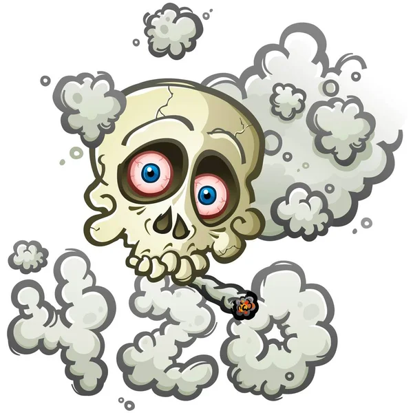 Skull Kreslený Postava Kouření Marihuany Joint Okolním Oparem Vlnící Kouře — Stockový vektor
