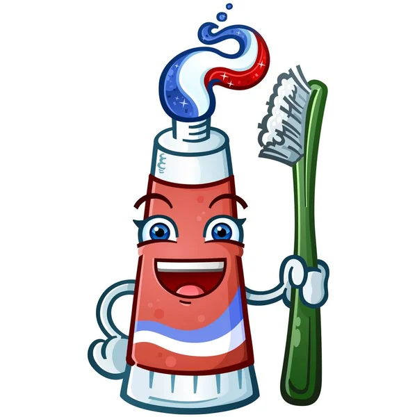 大きな笑顔と歯科教育のための特大歯ブラシでヘアドアに形赤白と青のゲルと子供のような歯磨き粉漫画のキャラクターマスコット — ストックベクタ