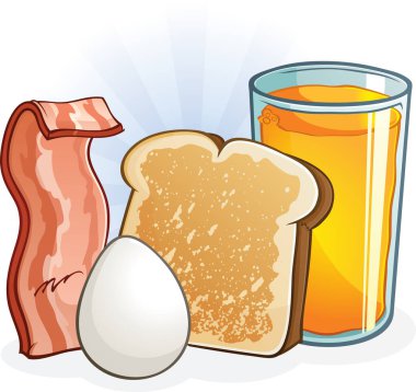 Eksiksiz Dengeli Kahvaltı Çizgi Filmi Vektör İlülasyonu. Pastırmalı yumurta ve portakal suyu.