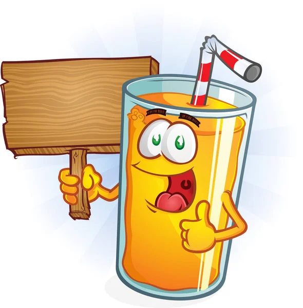 Orange Juice Breakfast Cartoon Character Holding Wooden Sign Big Smile — Stock Vector
