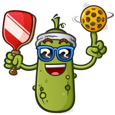 Pickle ball cartoon mascot wearing a sweatband and holding a paddle and ball with a big smile on his face ready for a match up and wearing sunglasses clipart