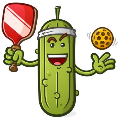 Pickle ball cartoon mascot wearing a sweatband and holding a paddle and ball with a big smile on his face ready for a match up clipart