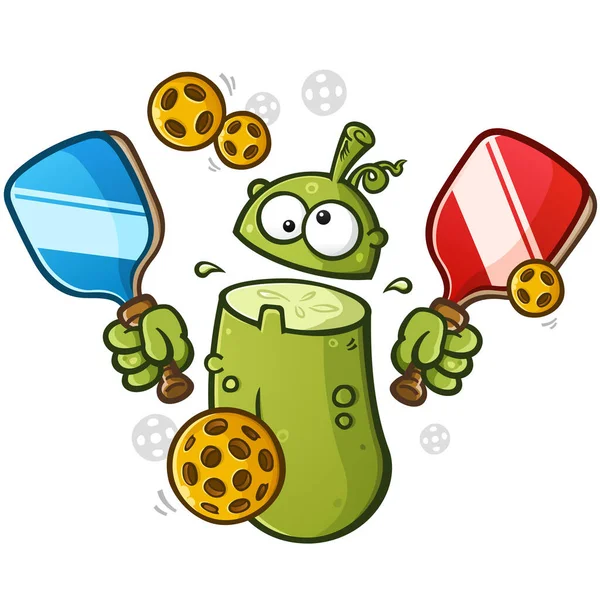 Louco Enérgico Pickleball Pickle Mascote Dos Desenhos Animados Jogando Pickleball —  Vetores de Stock