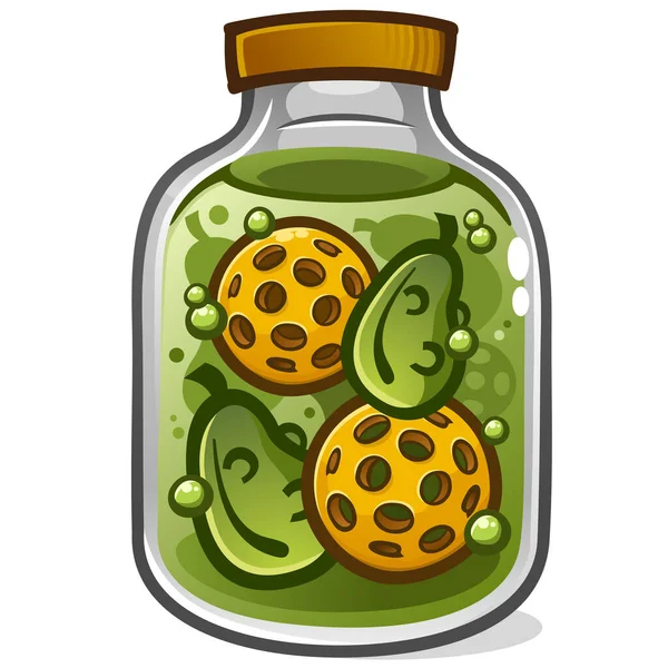 Stor Glasburk Full Pickleballs Dill Pickles Saltlake Och Läckra Kryddor — Stock vektor