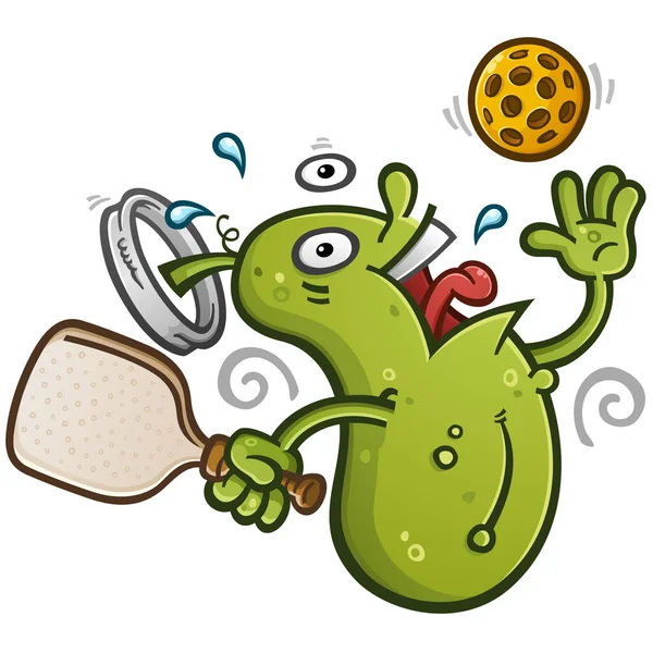 Verrückte Energetische Pickleball Cartoon Maskottchen Serviert Den Ball Mit Wildem — Stockvektor
