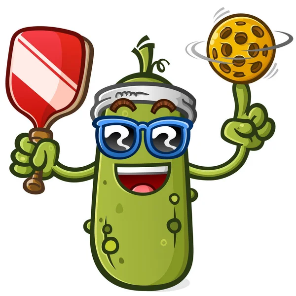 Mascota Dibujos Animados Pickle Ball Usando Una Sudadera Sosteniendo Una — Vector de stock