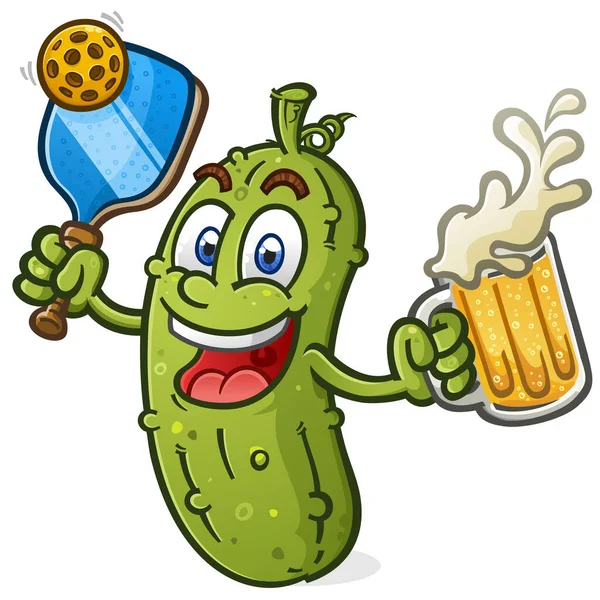Pickle Cartoon Mascot Gospodarstwa Pickleball Wiosło Picie Duży Kubek Piwa — Wektor stockowy