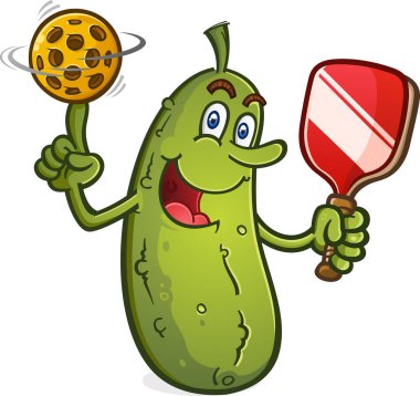 A cheerful pickle cartoon mascot balancing a pickleball on his finger and spinning it like a basketball and holding a paddle ready for a rousing game on the courts
