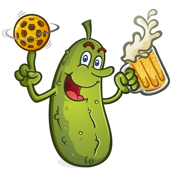 Cheerful Pickle Cartoon Mascot Drinking Tall Mug Beer Balancing Pickleball — Stock vektor